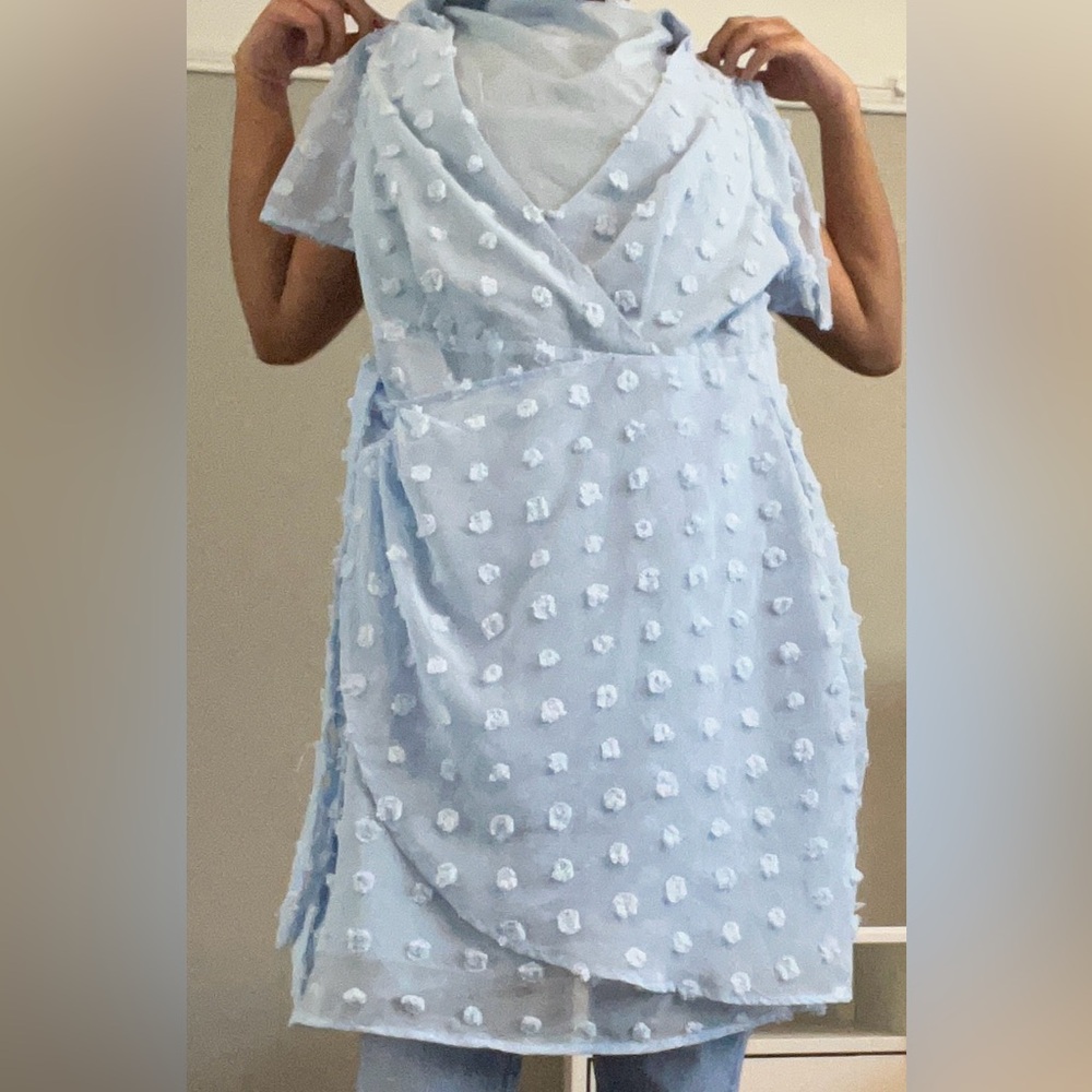 US Size Large Light Blue Polka Dot Lined Wrap Dress (SHEIN)